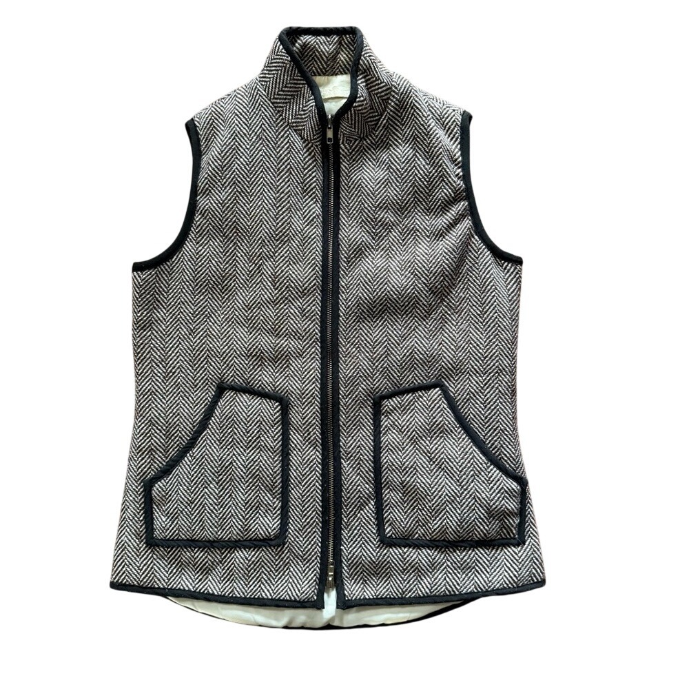 Herringbone Quilted Wool Blend Vest Grey White Full Zip Pockets Womens Medium
